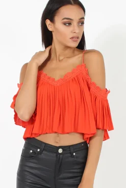 Rebellious Fashion Orange Pleated Crochet Trim Cold Shoulder Crop Top - Jil