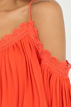 Rebellious Fashion Orange Pleated Crochet Trim Cold Shoulder Crop Top - Jil