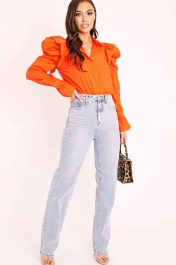 Rebellious Fashion Orange Pleated Shoulder Fluted Sleeve Shirt - Maize