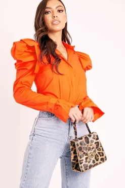 Rebellious Fashion Orange Pleated Shoulder Fluted Sleeve Shirt - Maize