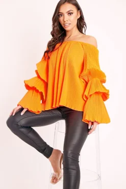 Rebellious Fashion Orange Plisse Fabric Structured Sleeve Blouse - Loraina