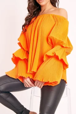 Rebellious Fashion Orange Plisse Fabric Structured Sleeve Blouse - Loraina