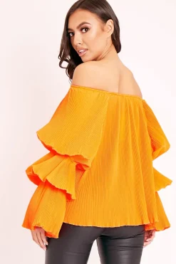 Rebellious Fashion Orange Plisse Fabric Structured Sleeve Blouse - Loraina