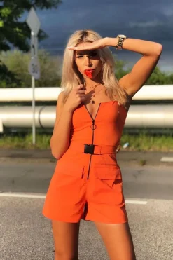 Rebellious Fashion Orange Plunge Belted Waist Sleeveless Playsuit - Kerstyn