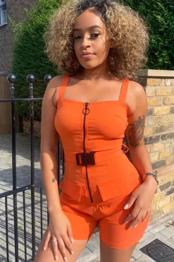 Rebellious Fashion Orange Plunge Belted Waist Sleeveless Playsuit - Kerstyn