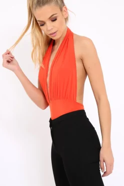 Rebellious Fashion Orange Plunge Halterneck Bodysuit - Lona