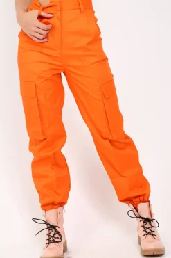 Rebellious Fashion Orange Pocket High Waist Cargo Cuffed Trousers - Galya
