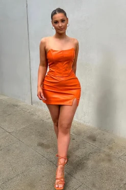 Rebellious Fashion Orange PU Corset Crop Top & Mini Skirt Set - Adina