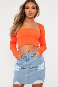 Rebellious Fashion Orange Ribbed Arm Warmer Crop Top - Zylee