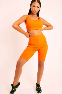 Rebellious Fashion Orange Ribbed Crop Top and Cycling Shorts Co-ord - Nina