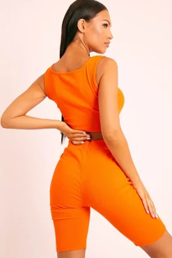 Rebellious Fashion Orange Ribbed Crop Top and Cycling Shorts Co-ord - Nina