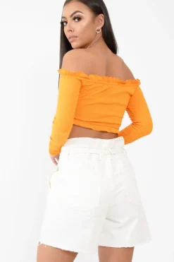 Rebellious Fashion Orange Ribbed Frill Bardot Crop Top - Cassidy