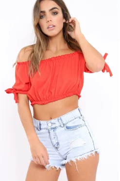 Rebellious Fashion Orange Ribbed Frill Gypsy Top - Maysia