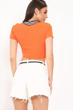 Rebellious Fashion Orange Ribbed Varsity Stripe Crop Top - Corene