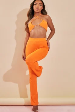 Rebellious Fashion Orange Rib Halter Neck Crop Top & Trouser Set - Bridget