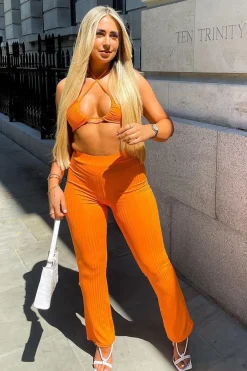 Rebellious Fashion Orange Rib Halter Neck Crop Top & Trouser Set - Bridget