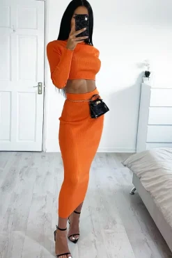 Rebellious Fashion Orange Rib Knitted Midi Skirt - Kloey