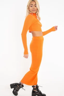 Rebellious Fashion Orange Rib Knitted Midi Skirt - Kloey