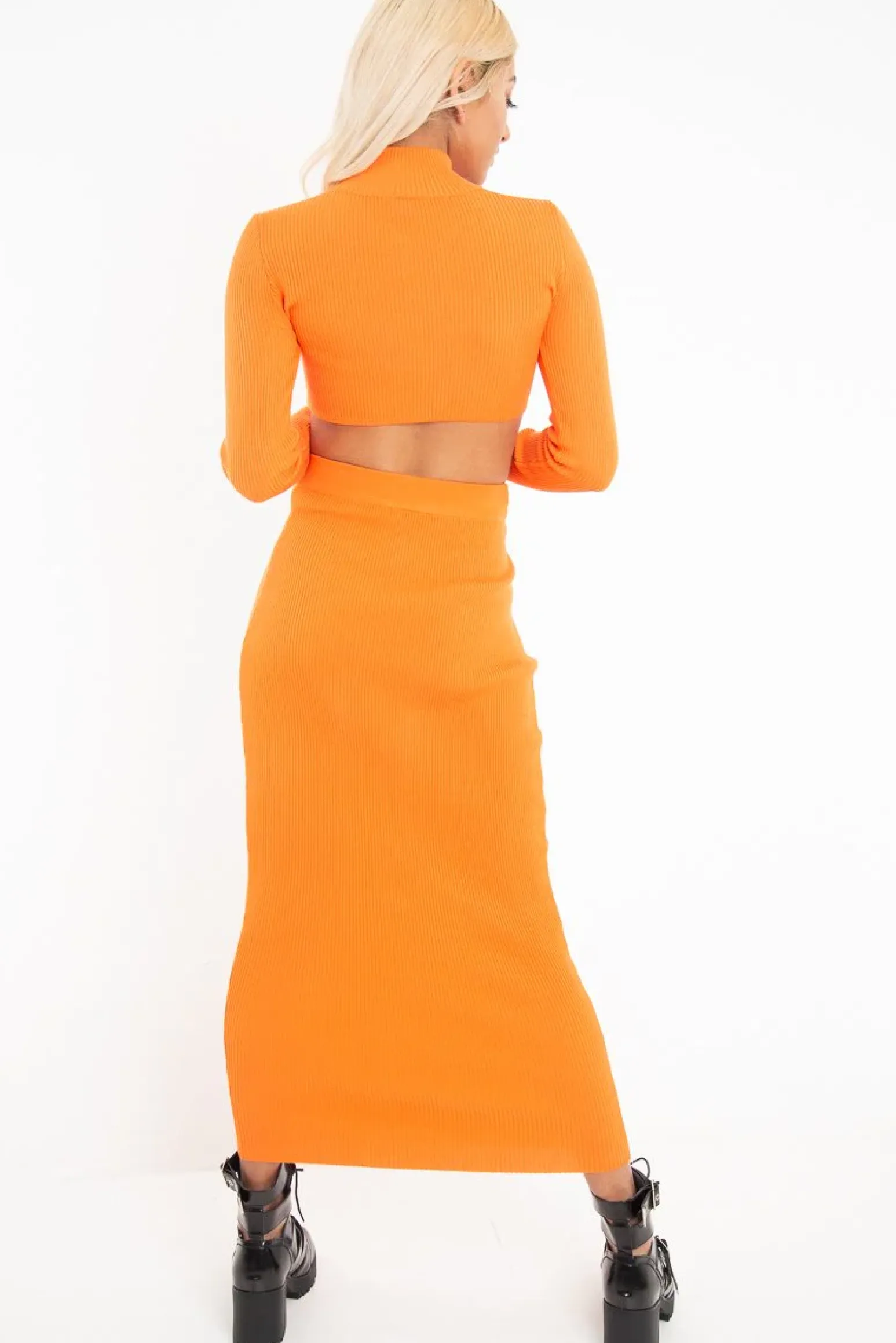 Rebellious Fashion Orange Rib Knitted Midi Skirt - Kloey