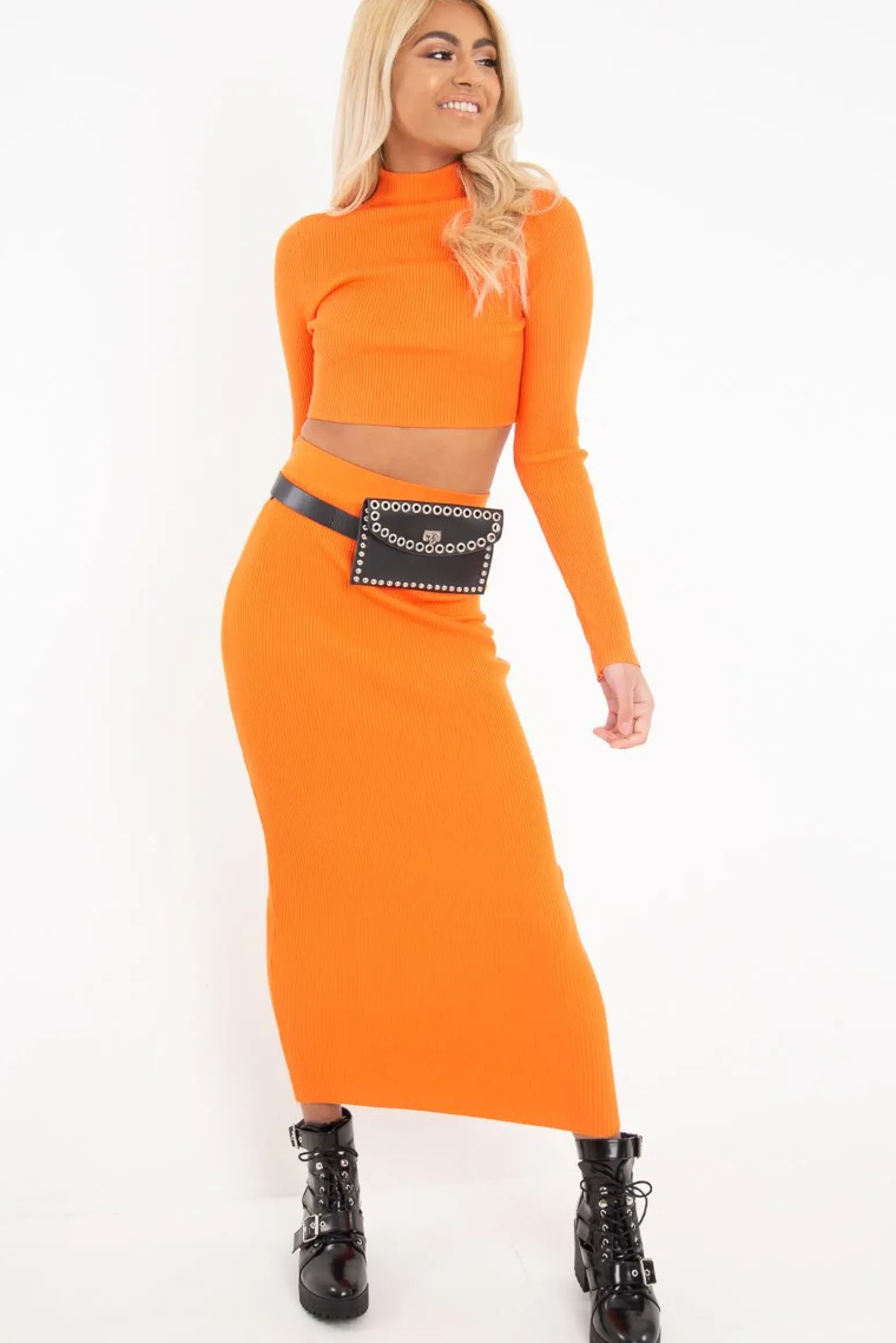 Rebellious Fashion Orange Rib Knitted Midi Skirt - Kloey