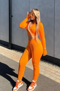 Rebellious Fashion Orange Rib Knit Zip Front Crop Top & Leggings Set - Nico