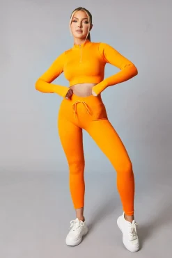 Rebellious Fashion Orange Rib Knit Zip Front Crop Top & Leggings Set - Nico