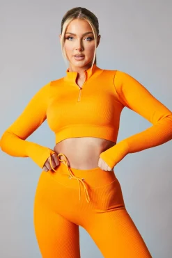 Rebellious Fashion Orange Rib Knit Zip Front Crop Top & Leggings Set - Nico