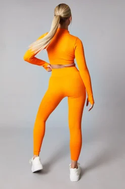 Rebellious Fashion Orange Rib Knit Zip Front Crop Top & Leggings Set - Nico