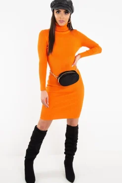 Rebellious Fashion Orange Rib Roll Neck Midi Dress - Ellerie