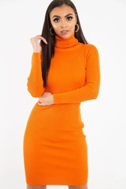 Rebellious Fashion Orange Rib Roll Neck Midi Dress - Ellerie