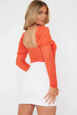 Rebellious Fashion Orange Ruched Body Mesh Sleeve Bodysuit - Raeya