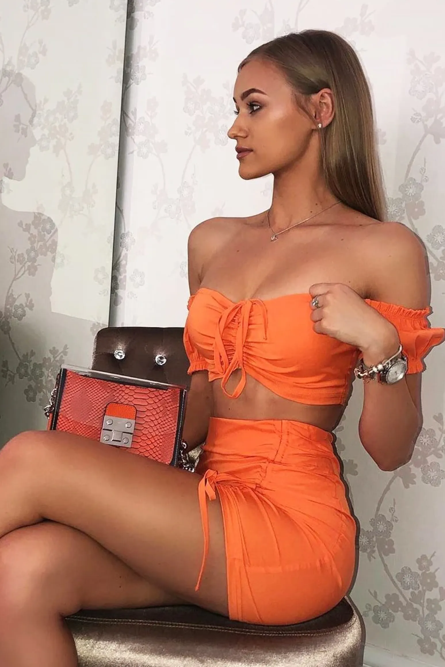 Rebellious Fashion Orange Ruched Bow Tie Crop Top Skirt Co-ord - Chasity