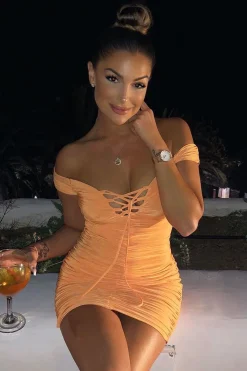 Rebellious Fashion Orange Ruched Slinky Lace Up Dress - Rosina