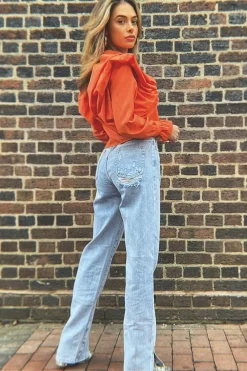 Rebellious Fashion Orange Ruffle Shoulder Cropped Shirt - Fiorella