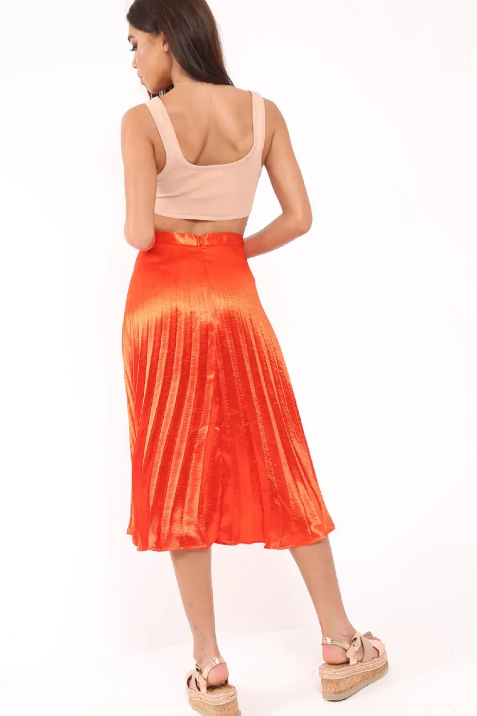 Rebellious Fashion Orange Satin Pleated Midi Skirt - Kelyn