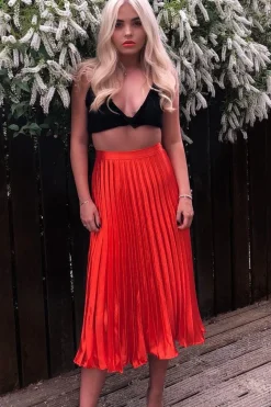 Rebellious Fashion Orange Satin Pleated Midi Skirt - Kelyn