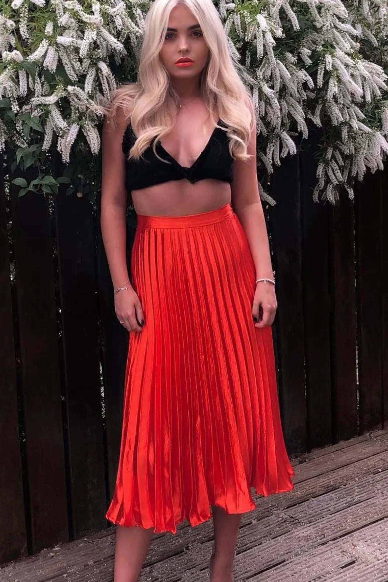 Rebellious Fashion Orange Satin Pleated Midi Skirt - Kelyn