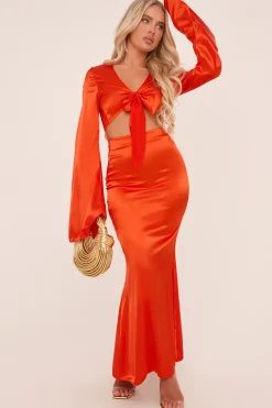 Rebellious Fashion Orange Satin Tie Waist Cropped Top & Maxi Skirt Co-ord Set - Peri