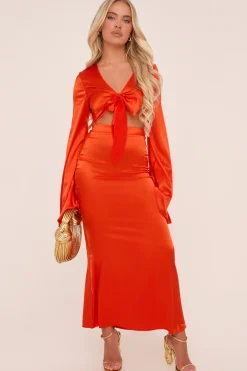 Rebellious Fashion Orange Satin Tie Waist Cropped Top & Maxi Skirt Co-ord Set - Peri