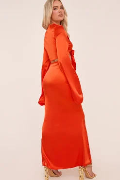 Rebellious Fashion Orange Satin Tie Waist Cropped Top & Maxi Skirt Co-ord Set - Peri