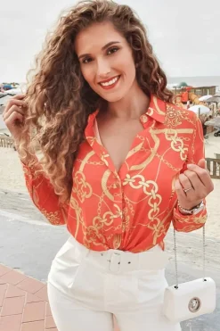 Rebellious Fashion Orange Scarf and Chain Print Tie T-shirt - Murl