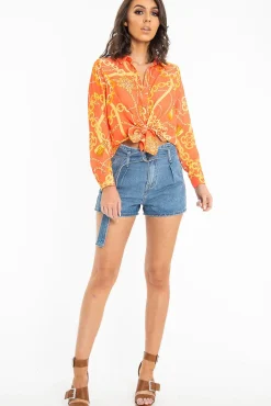 Rebellious Fashion Orange Scarf and Chain Print Tie T-shirt - Murl