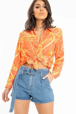 Rebellious Fashion Orange Scarf and Chain Print Tie T-shirt - Murl