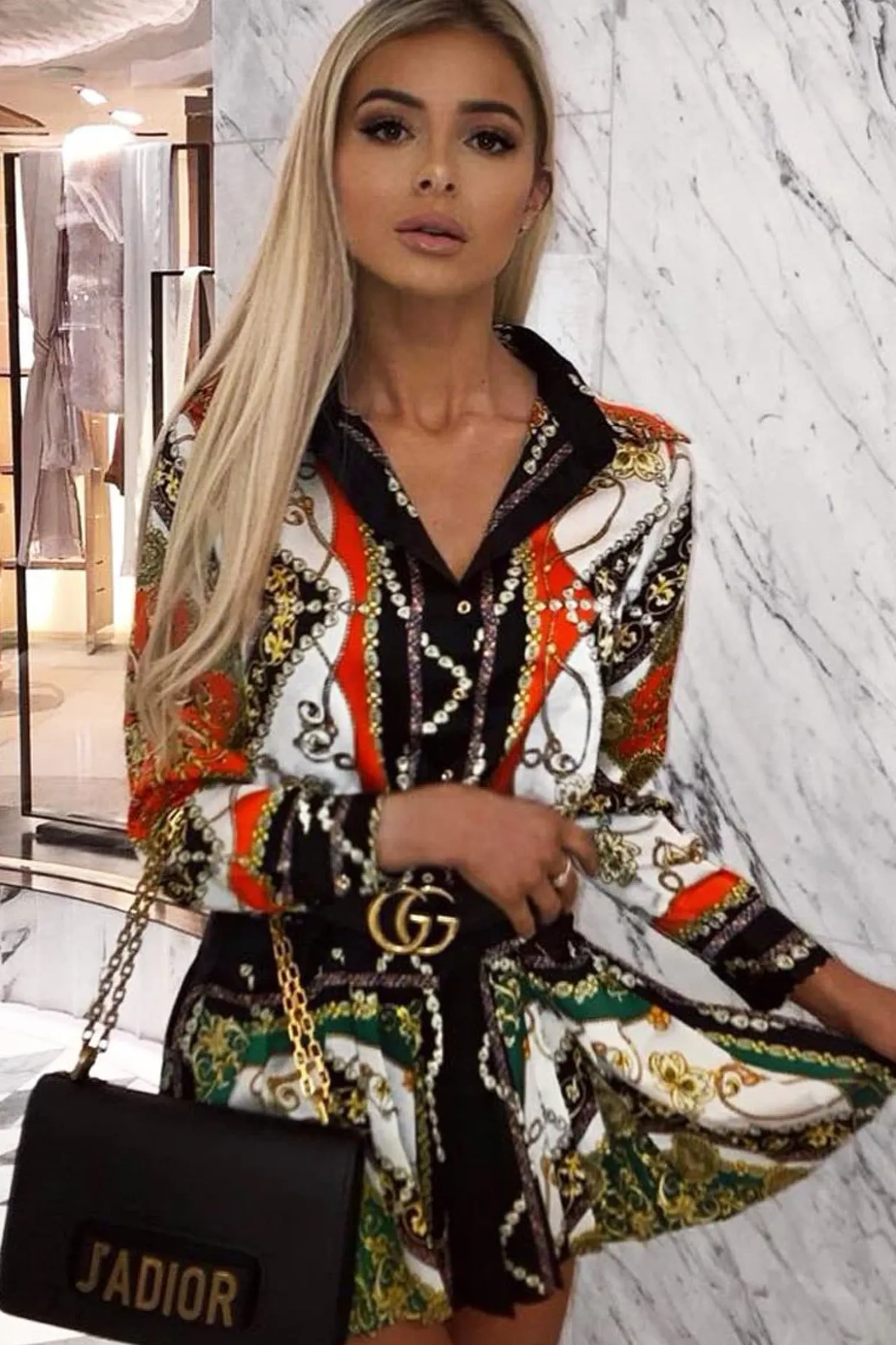 Rebellious Fashion Orange Scarf Print Pleated Hem Shirt Dress - Elzie