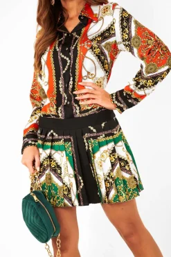 Rebellious Fashion Orange Scarf Print Pleated Hem Shirt Dress - Elzie