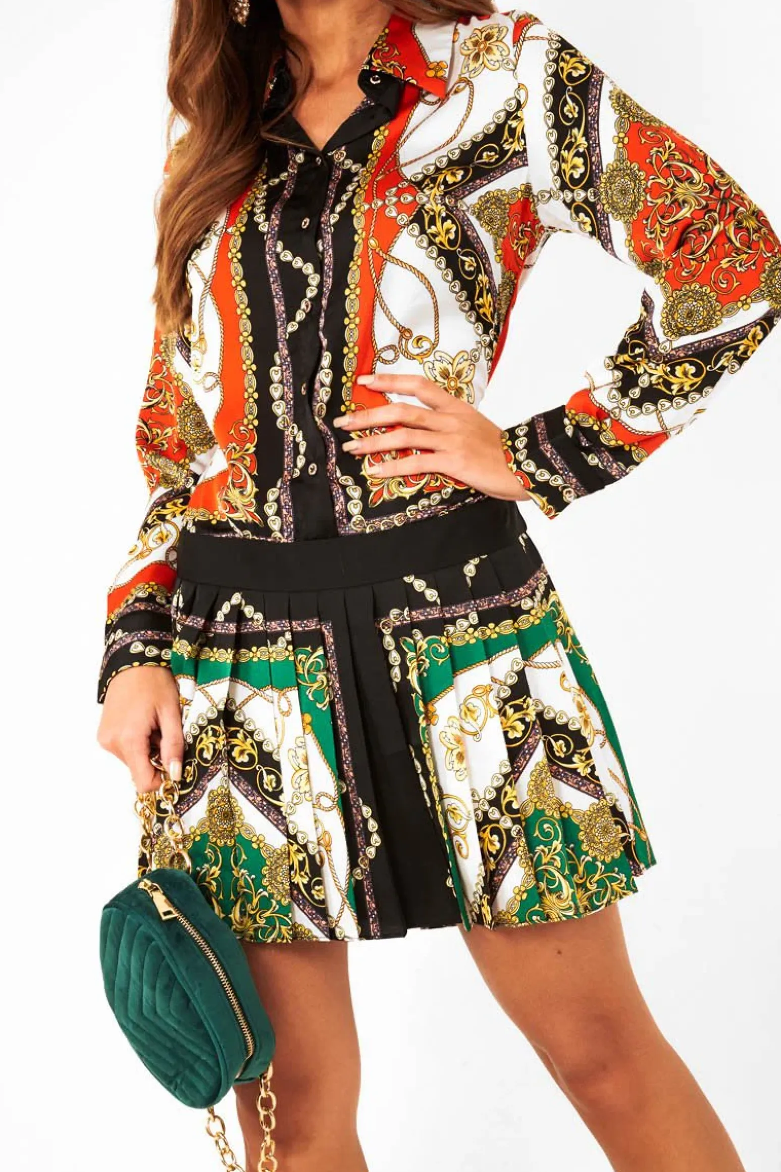 Rebellious Fashion Orange Scarf Print Pleated Hem Shirt Dress - Elzie