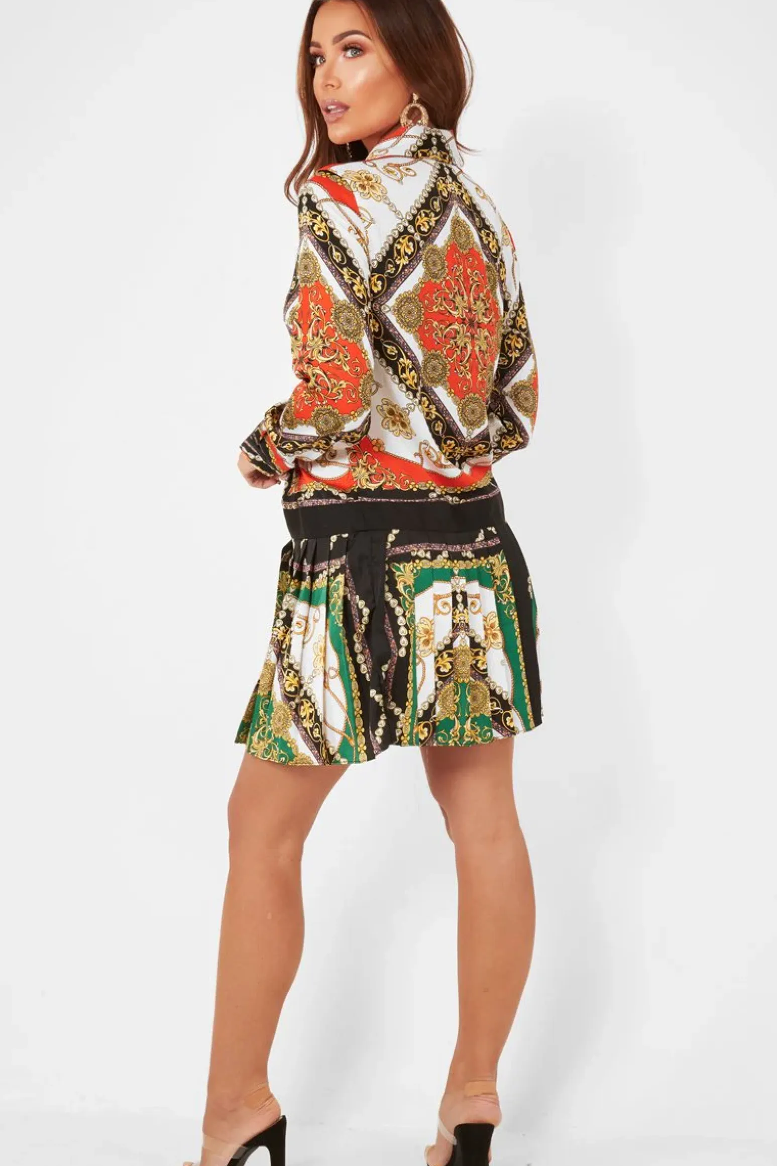 Rebellious Fashion Orange Scarf Print Pleated Hem Shirt Dress - Elzie