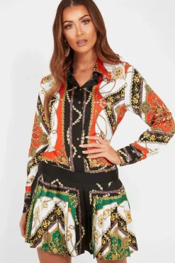 Rebellious Fashion Orange Scarf Print Pleated Hem Shirt Dress - Elzie