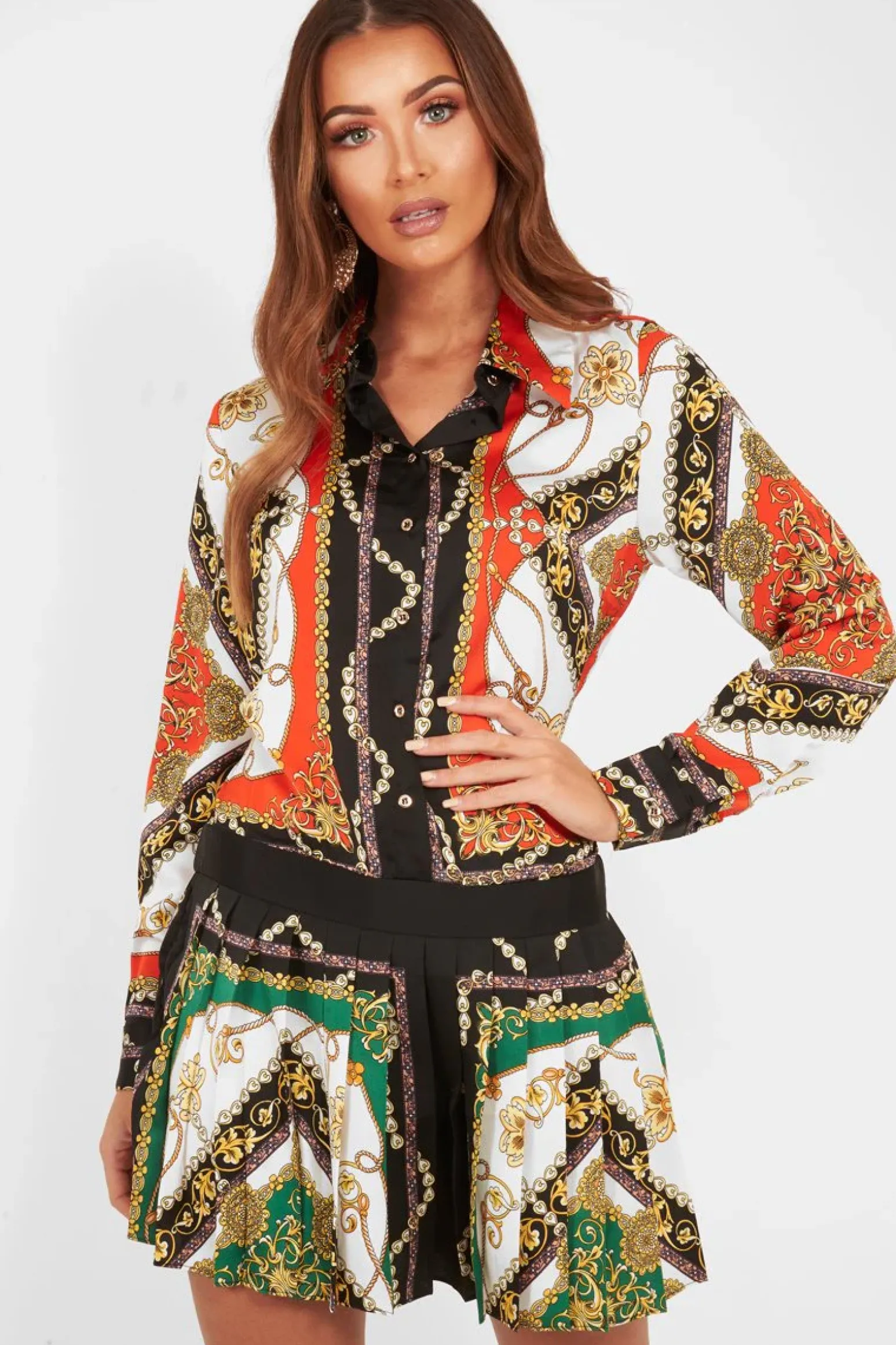 Rebellious Fashion Orange Scarf Print Pleated Hem Shirt Dress - Elzie