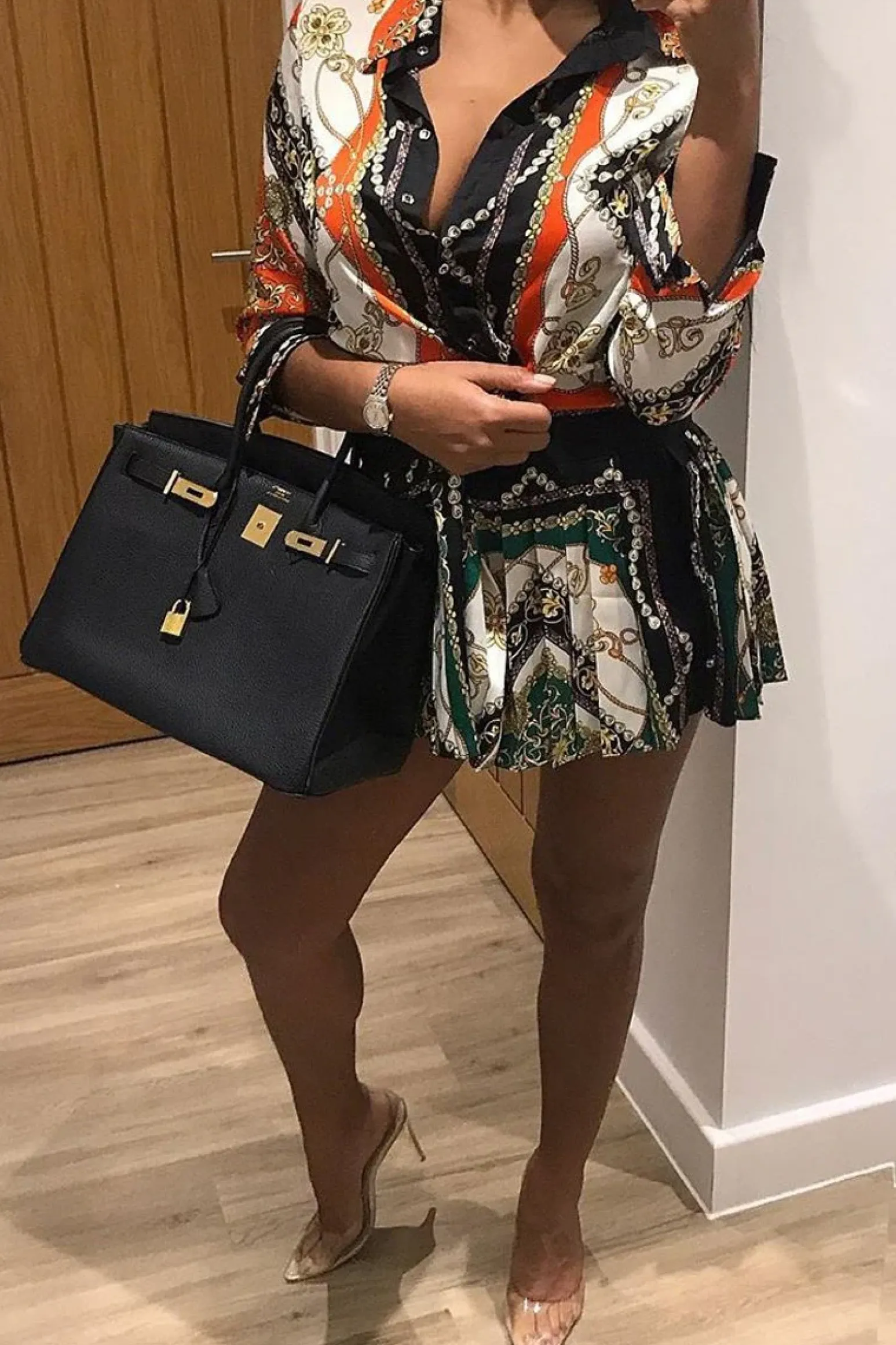 Rebellious Fashion Orange Scarf Print Pleated Hem Shirt Dress - Elzie